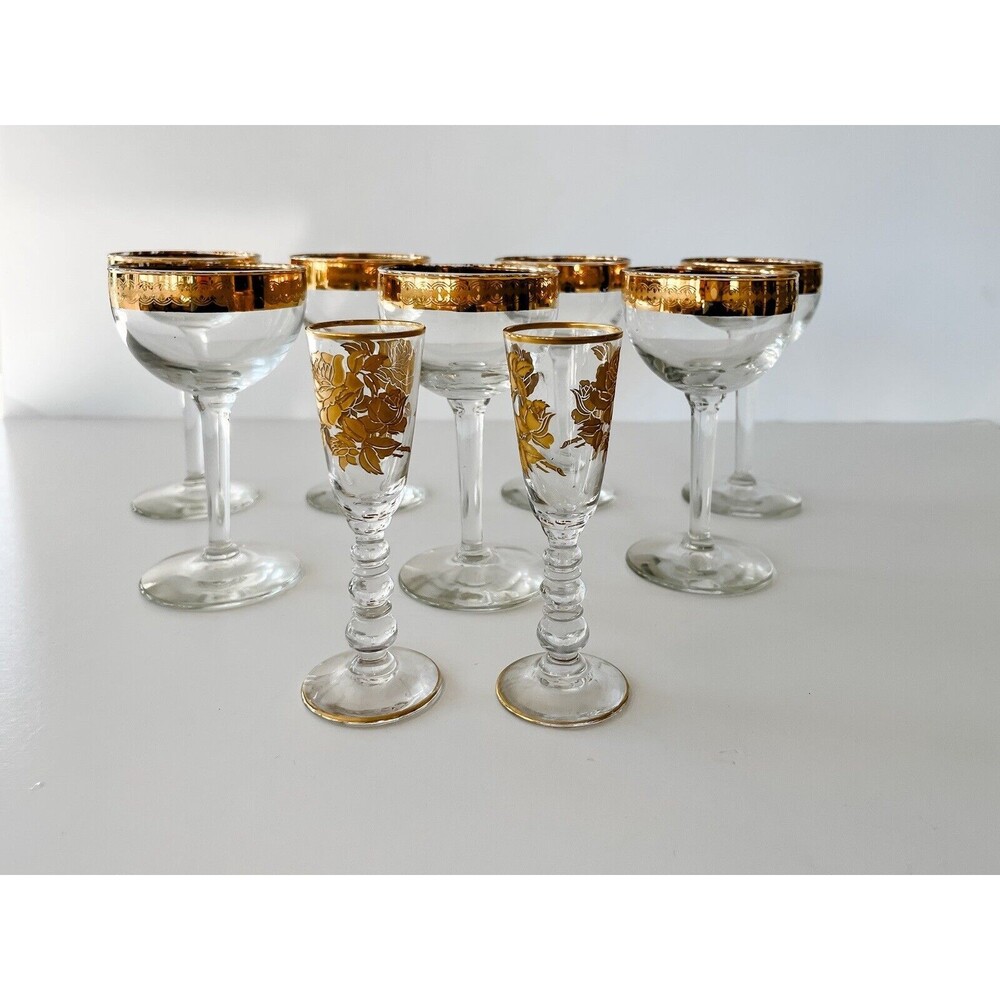 Set of 9 Vintage Etched Gold Rimmed Encrusted Crystal Wine Cordial Glasses